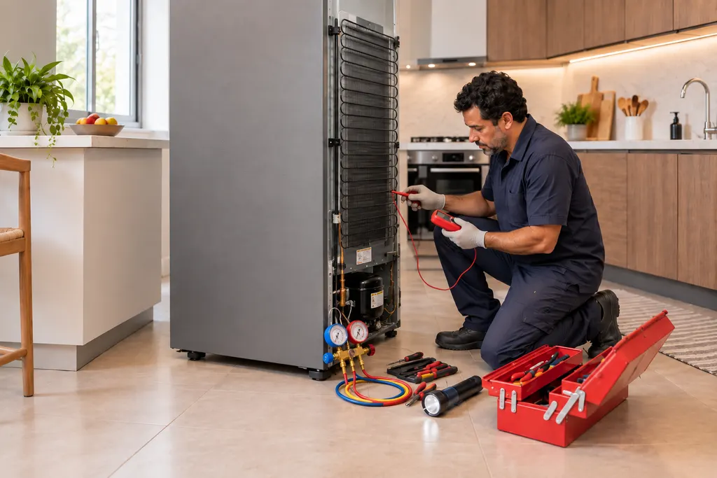 Técnico agachado diante de um refrigerador aberto, trabalhando no aparelho dentro de uma cozinha
