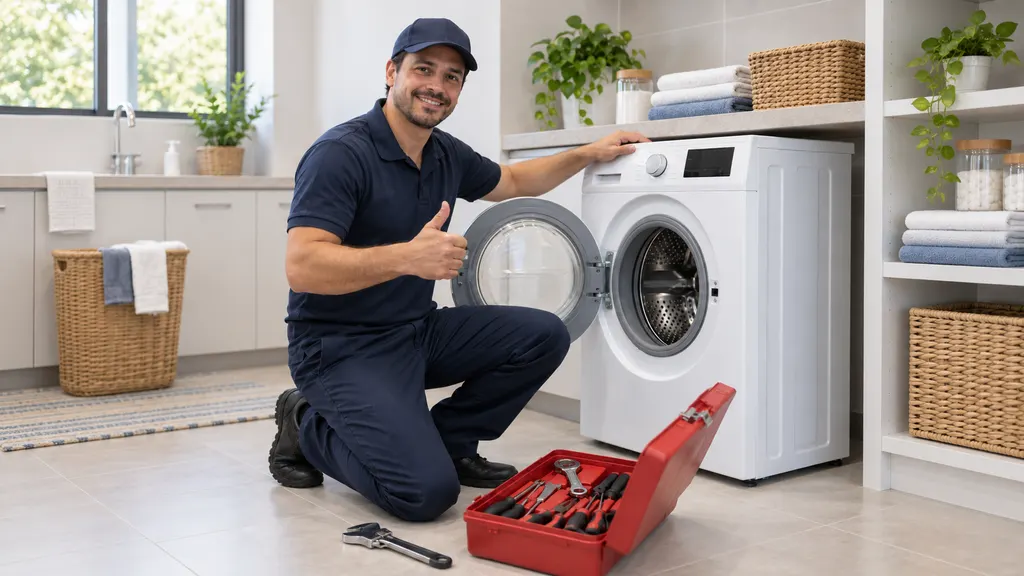 Técnico agachado ao lado de uma máquina de lavar de abertura frontal aberta, com uma caixa de ferramentas no chão, numa lavanderia